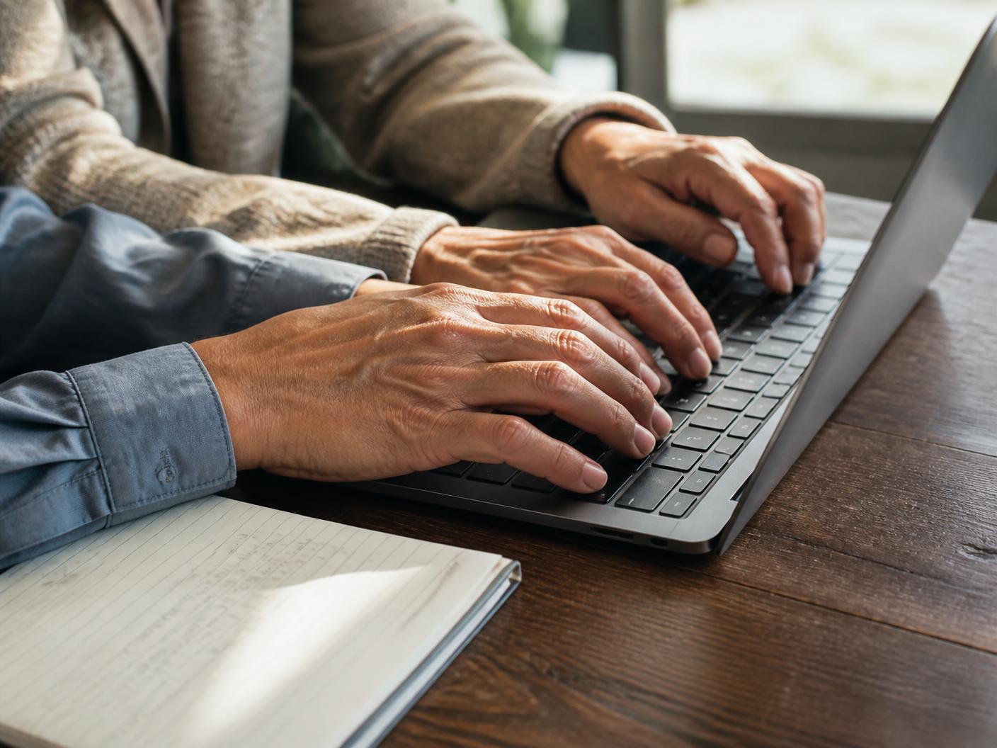 Two people practising together on a laptop beside a notebook in warm natural light.